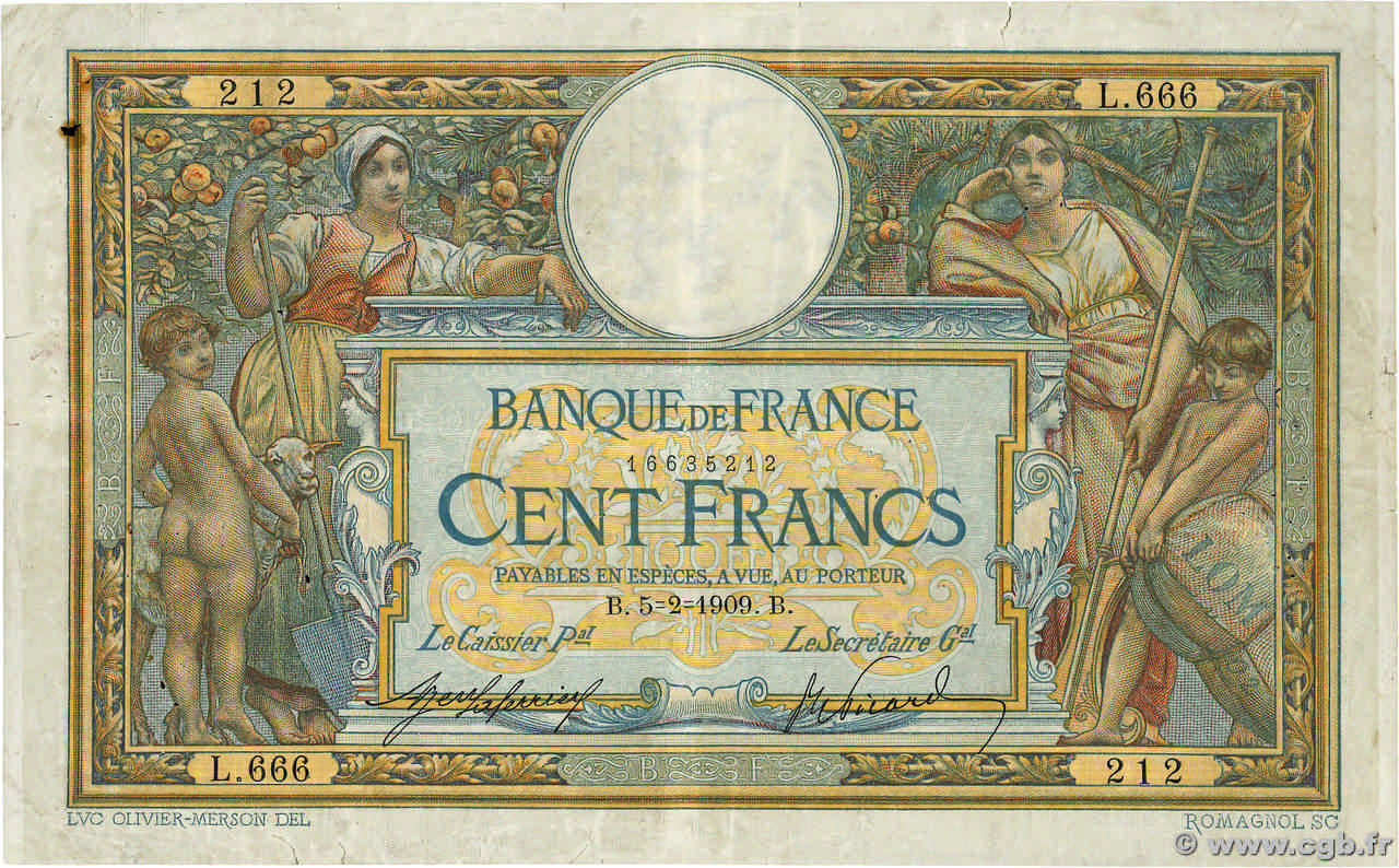 100 Francs LUC OLIVIER MERSON avec LOM FRANCE  1909 F.22.02 TB