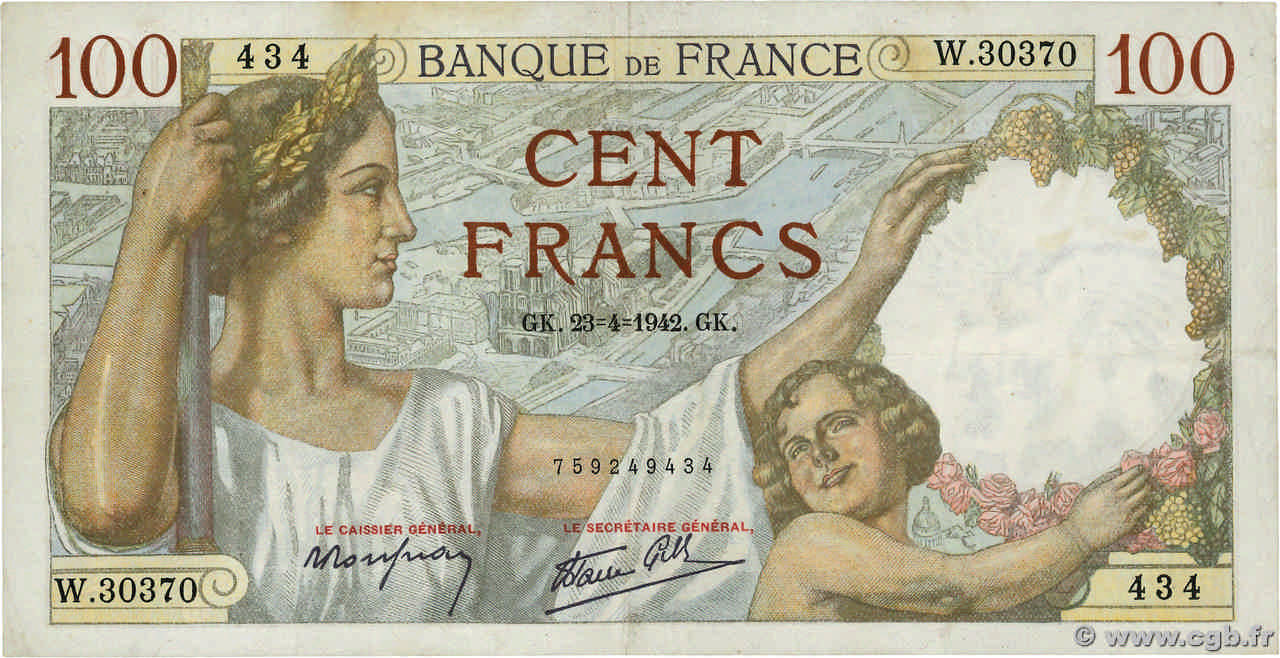 100 Francs SULLY FRANCE  1942 F.26.70 TB+