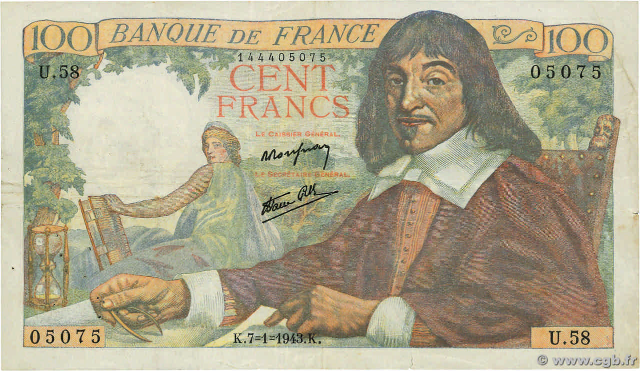 100 Francs DESCARTES FRANCE  1943 F.27.03 F+