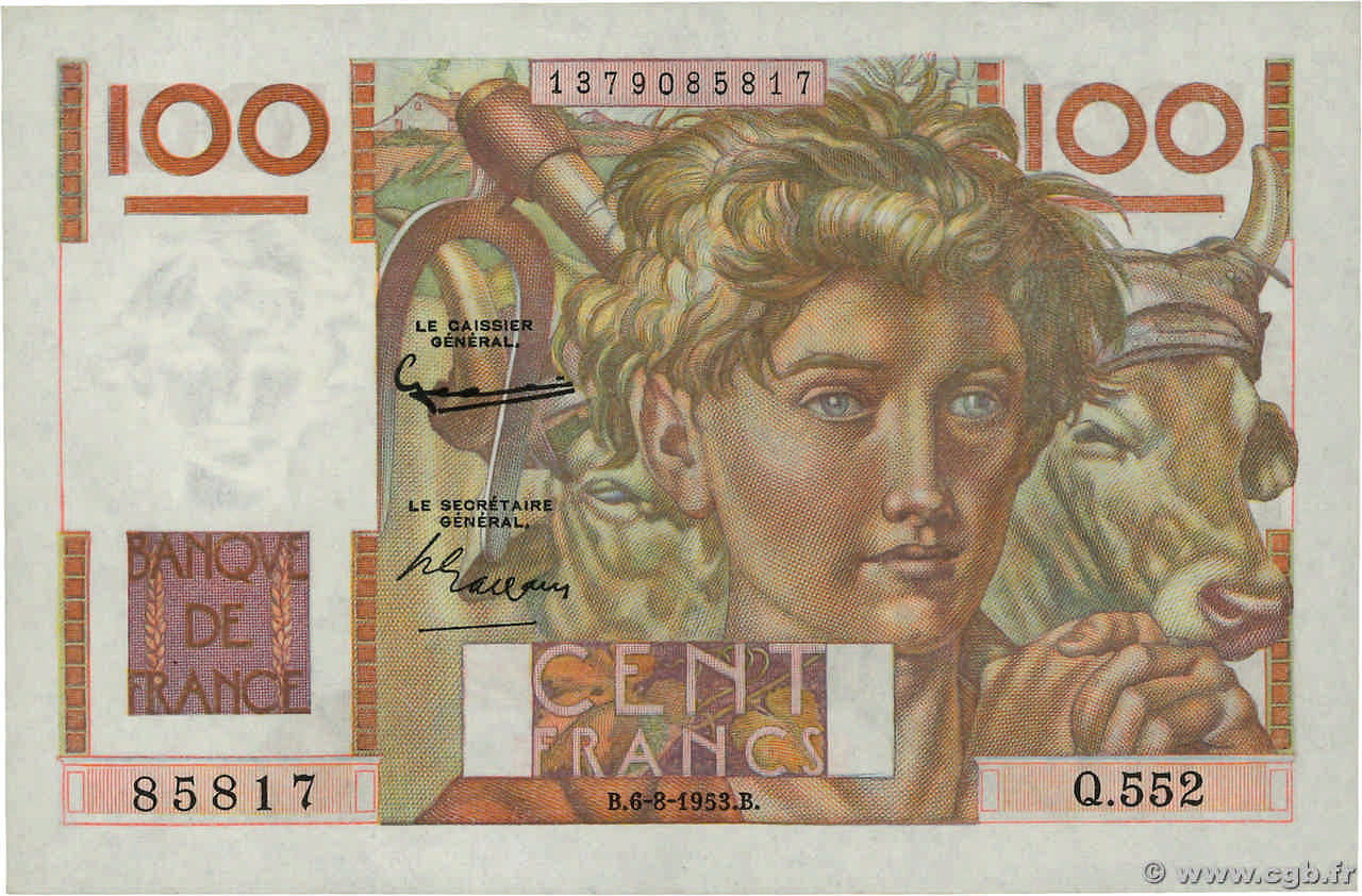 100 Francs JEUNE PAYSAN filigrane inversé FRANKREICH  1952 F.28bis.02 fST
