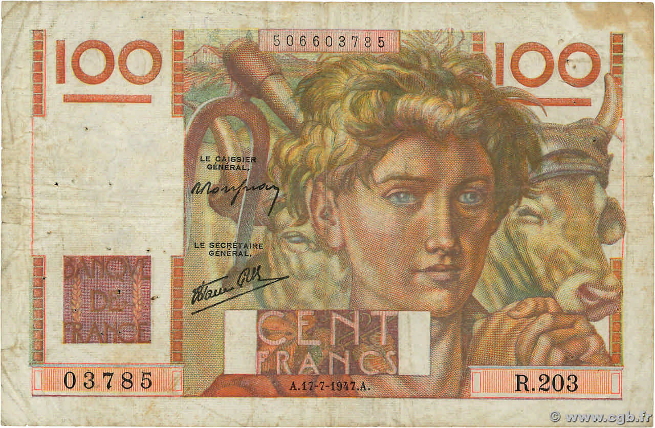 100 Francs JEUNE PAYSAN Favre-Gilly FRANCIA  1947 F.28ter.01 q.MB