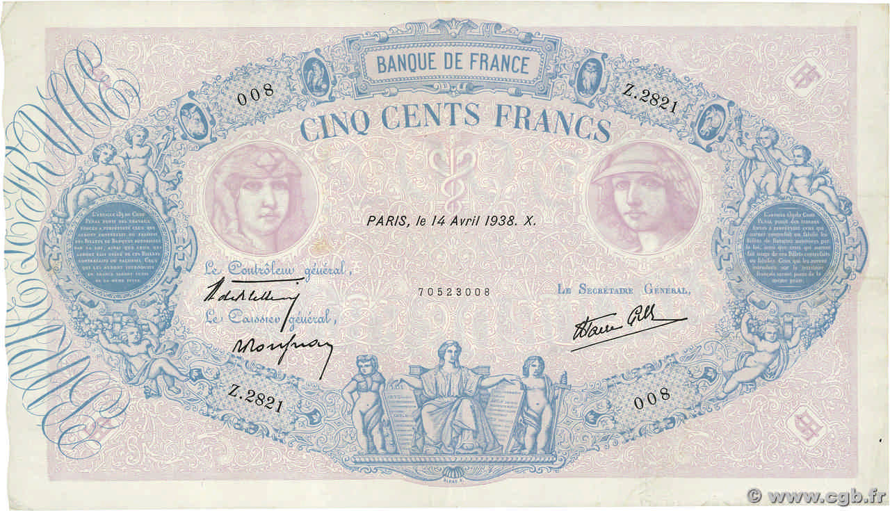 500 Francs BLEU ET ROSE modifié FRANCE  1938 F.31.08 VF