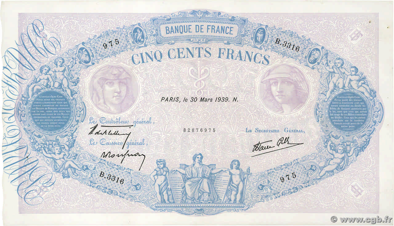 500 Francs BLEU ET ROSE modifié FRANCE  1939 F.31.29 XF