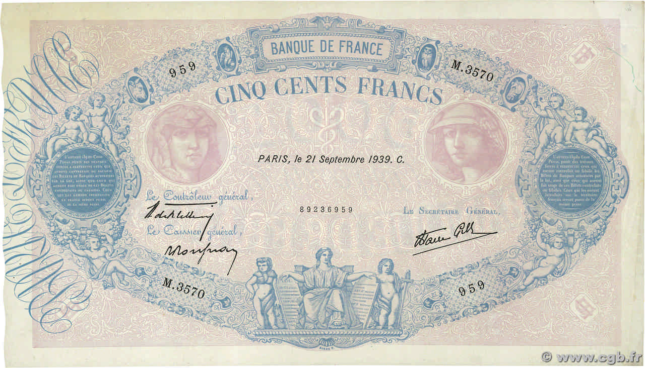 500 Francs BLEU ET ROSE modifié FRANCE  1939 F.31.40 XF