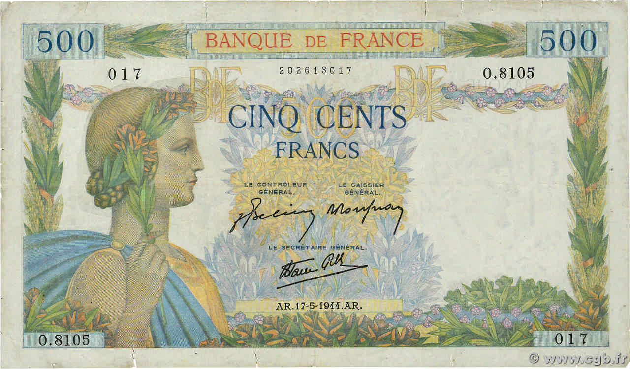 500 Francs LA PAIX FRANCIA  1944 F.32.47 q.MB