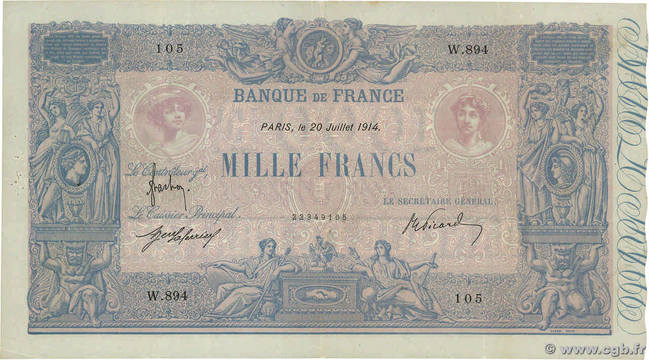 1000 Francs BLEU ET ROSE FRANCE  1914 F.36.28 F+