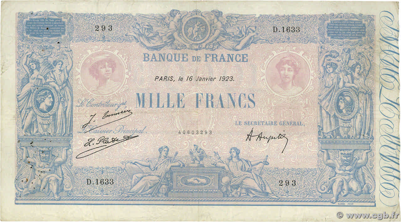 1000 Francs BLEU ET ROSE FRANCE  1923 F.36.39 TB+