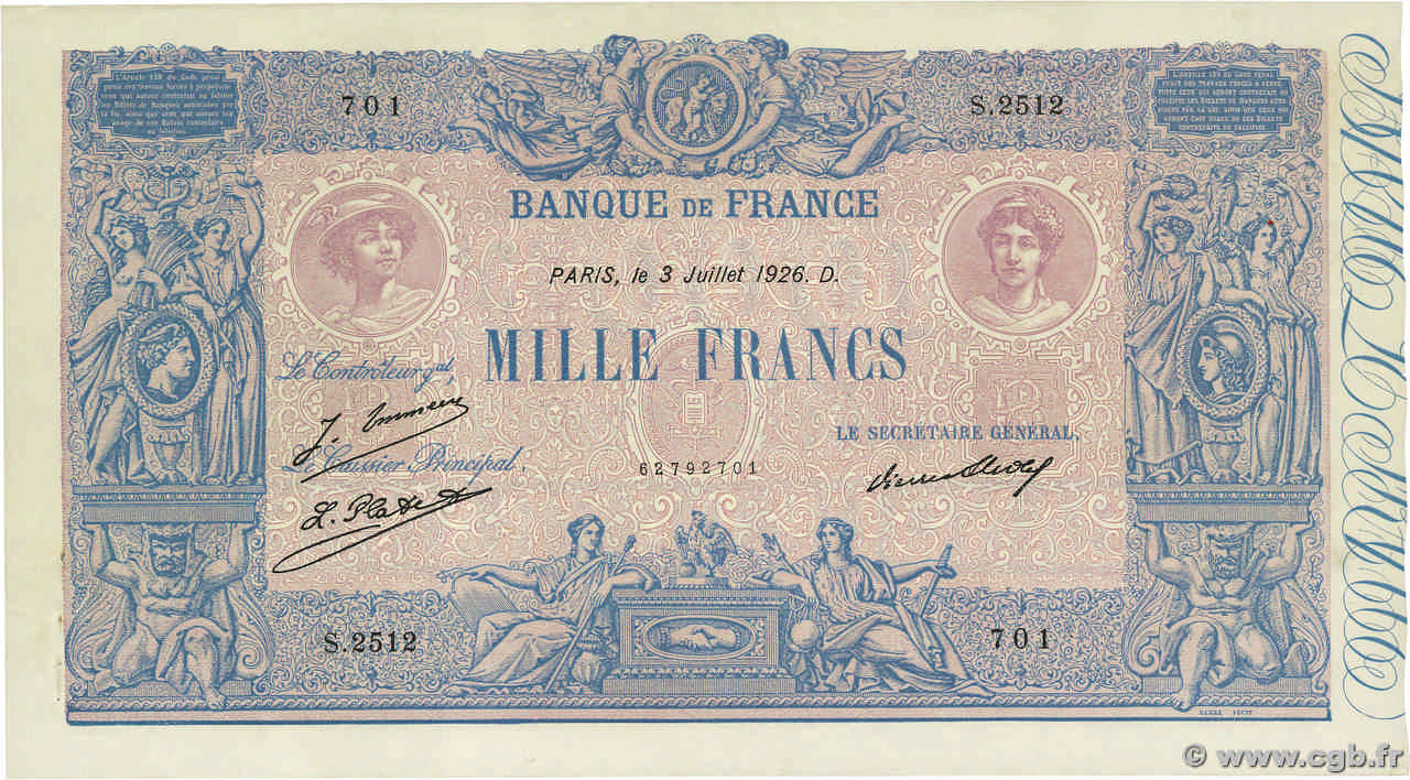 1000 Francs BLEU ET ROSE FRANKREICH  1926 F.36.43 VZ+