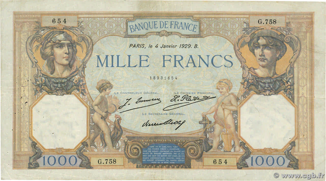 1000 Francs CÉRÈS ET MERCURE FRANCE  1929 F.37.03 F+