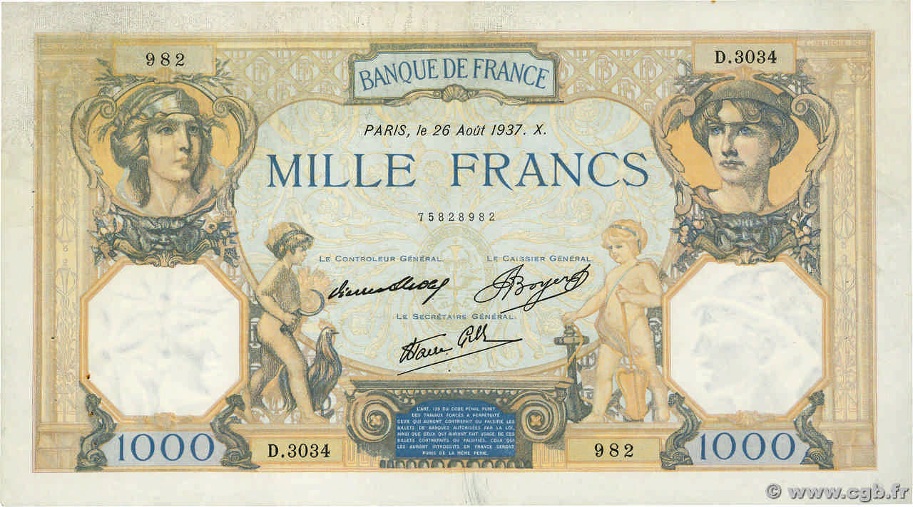 1000 Francs CÉRÈS ET MERCURE type modifié FRANCE  1937 F.38.03 TTB