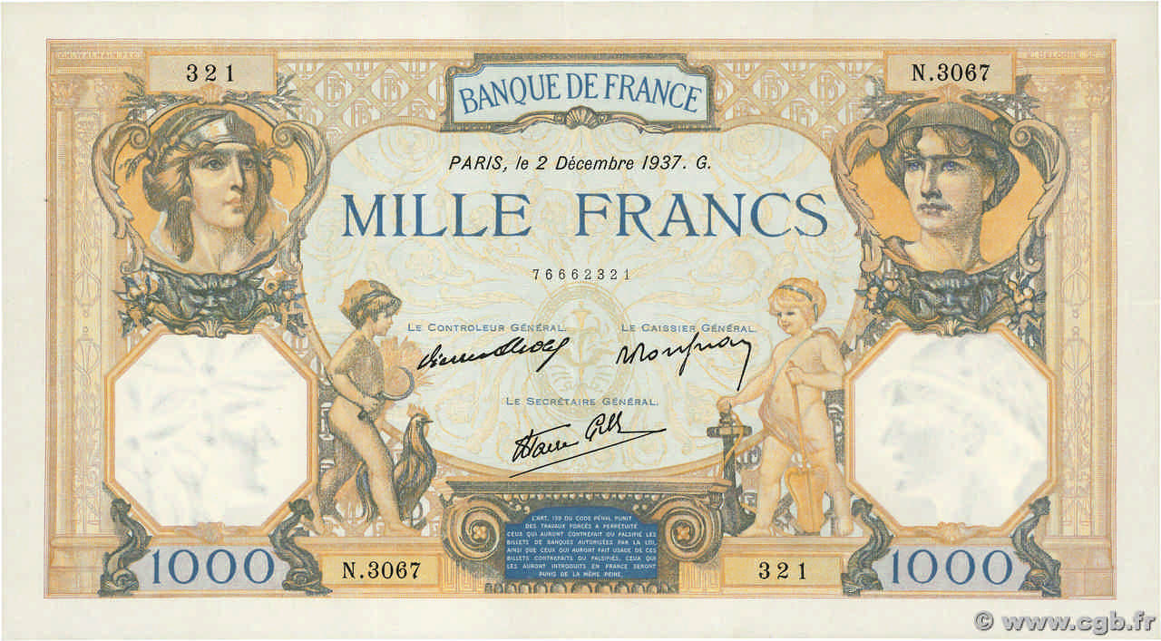 1000 Francs CÉRÈS ET MERCURE type modifié FRANCE  1937 F.38.05 XF+