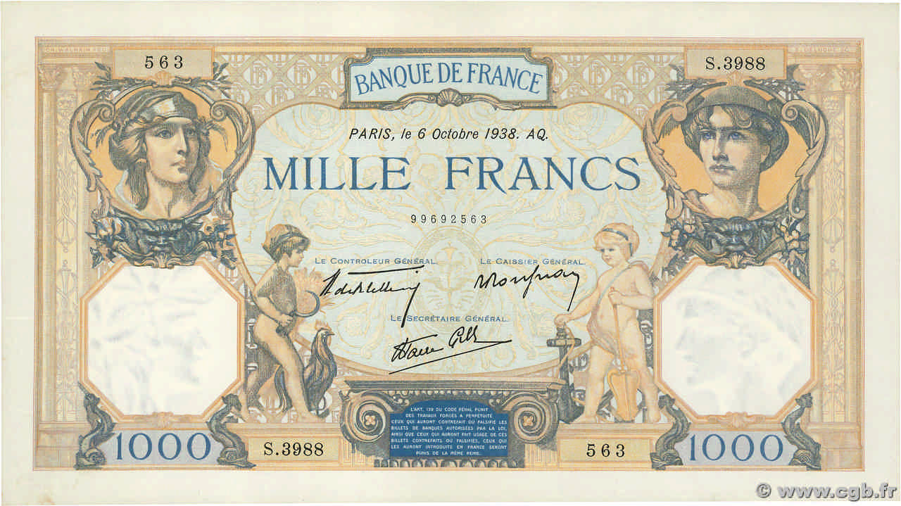 1000 Francs CÉRÈS ET MERCURE type modifié FRANCE  1938 F.38.28 SPL+