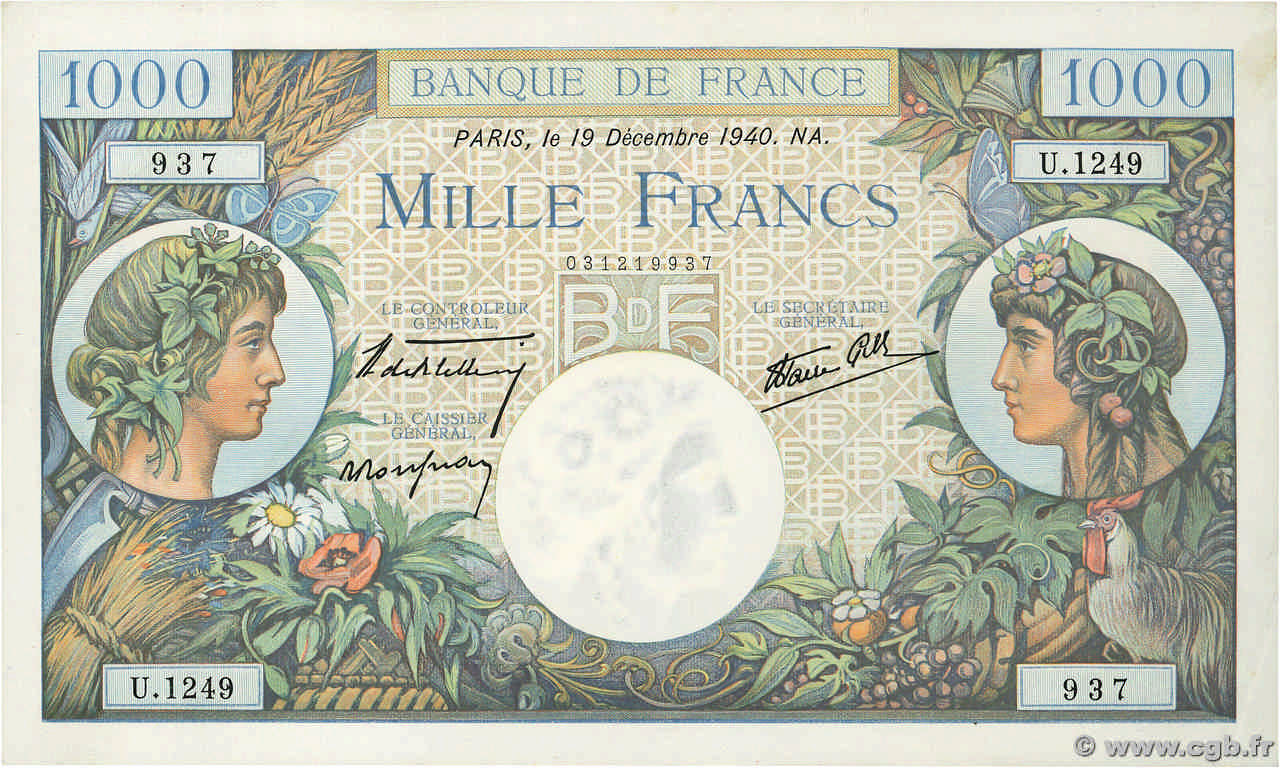 1000 Francs COMMERCE ET INDUSTRIE FRANCIA  1940 F.39.03 SC