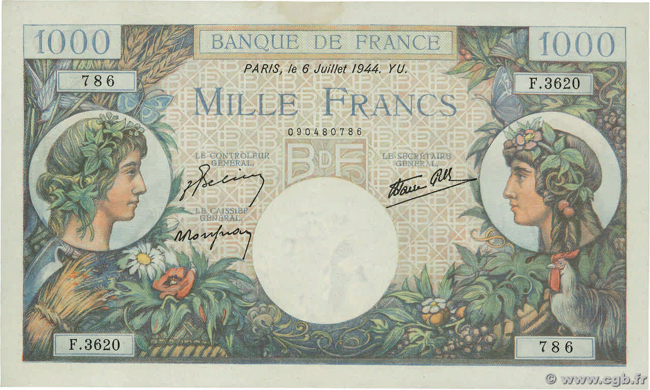 1000 Francs COMMERCE ET INDUSTRIE FRANCE  1944 F.39.10 AU+