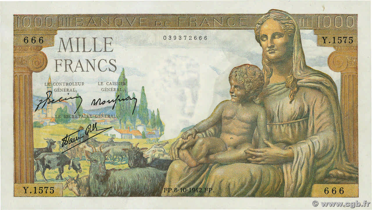 1000 Francs DÉESSE DÉMÉTER Numéro spécial FRANKREICH  1942 F.40.08 fST+