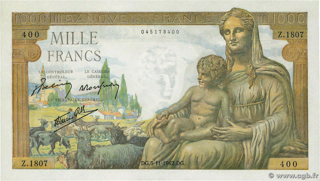 1000 Francs DÉESSE DÉMÉTER FRANCIA  1942 F.40.10 FDC