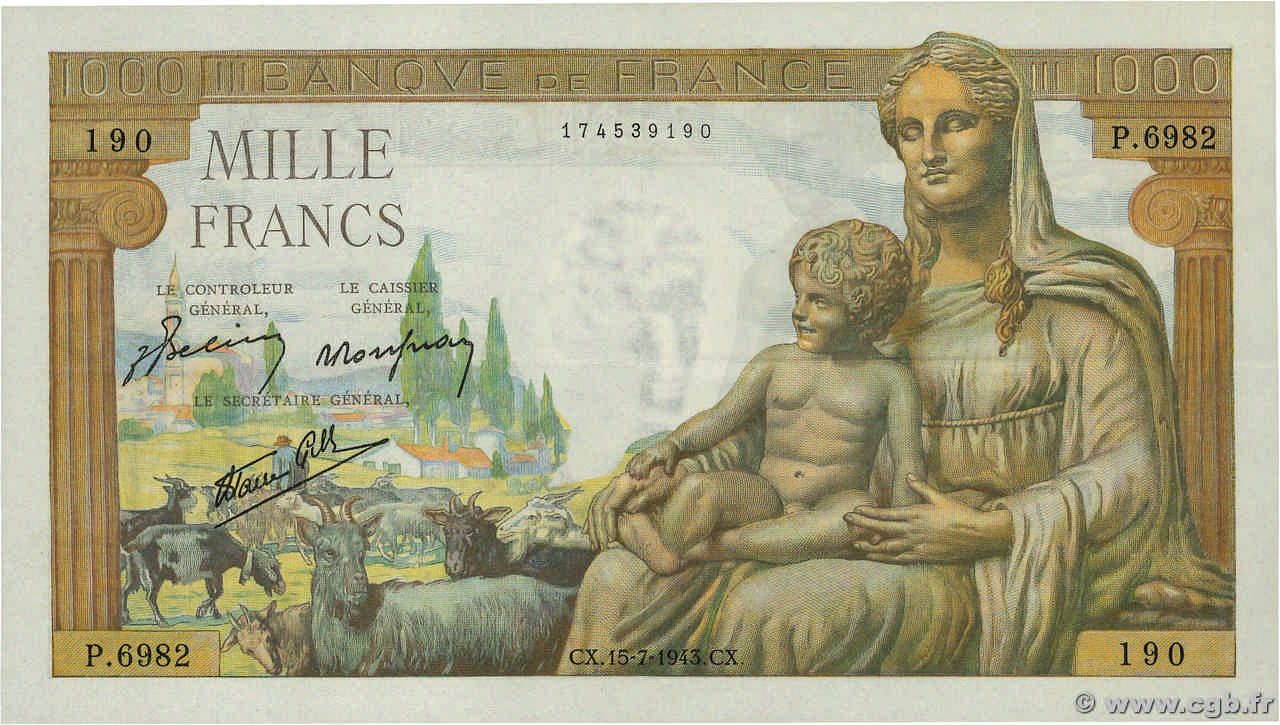 1000 Francs DÉESSE DÉMÉTER FRANKREICH  1943 F.40.30 VZ+