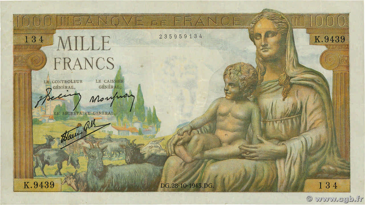 1000 Francs DÉESSE DÉMÉTER FRANCE  1943 F.40.38 TTB