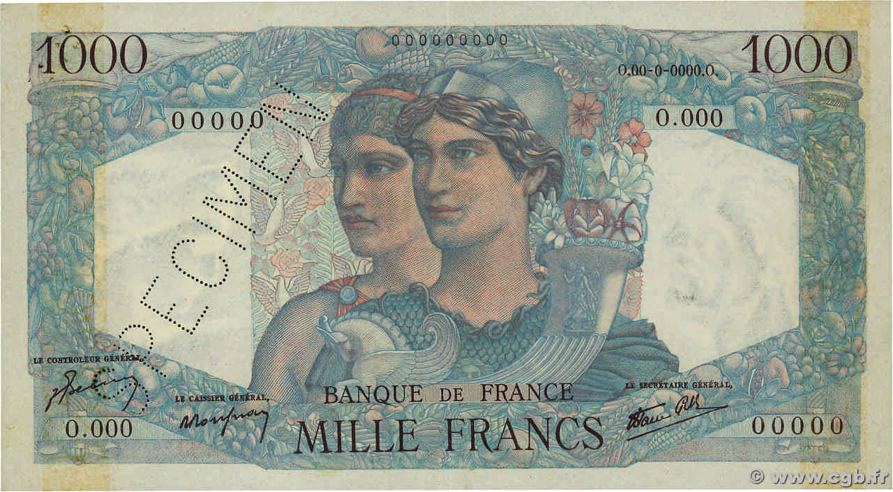 1000 Francs MINERVE ET HERCULE Spécimen FRANKREICH  1945 F.41.01Sp2 fVZ