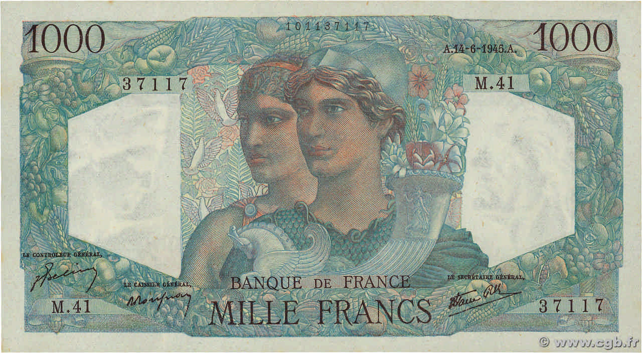 1000 Francs MINERVE ET HERCULE FRANCE  1945 F.41.04 NEUF