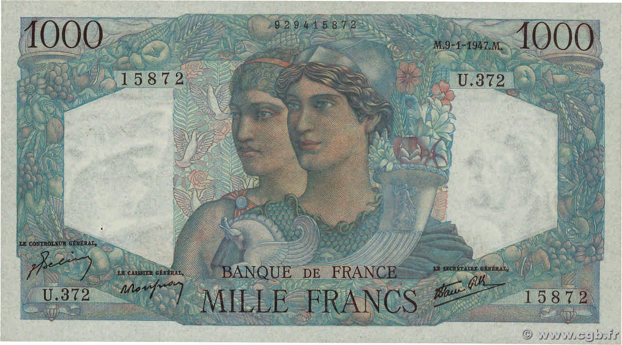 1000 Francs MINERVE ET HERCULE FRANCE  1947 F.41.18 AU