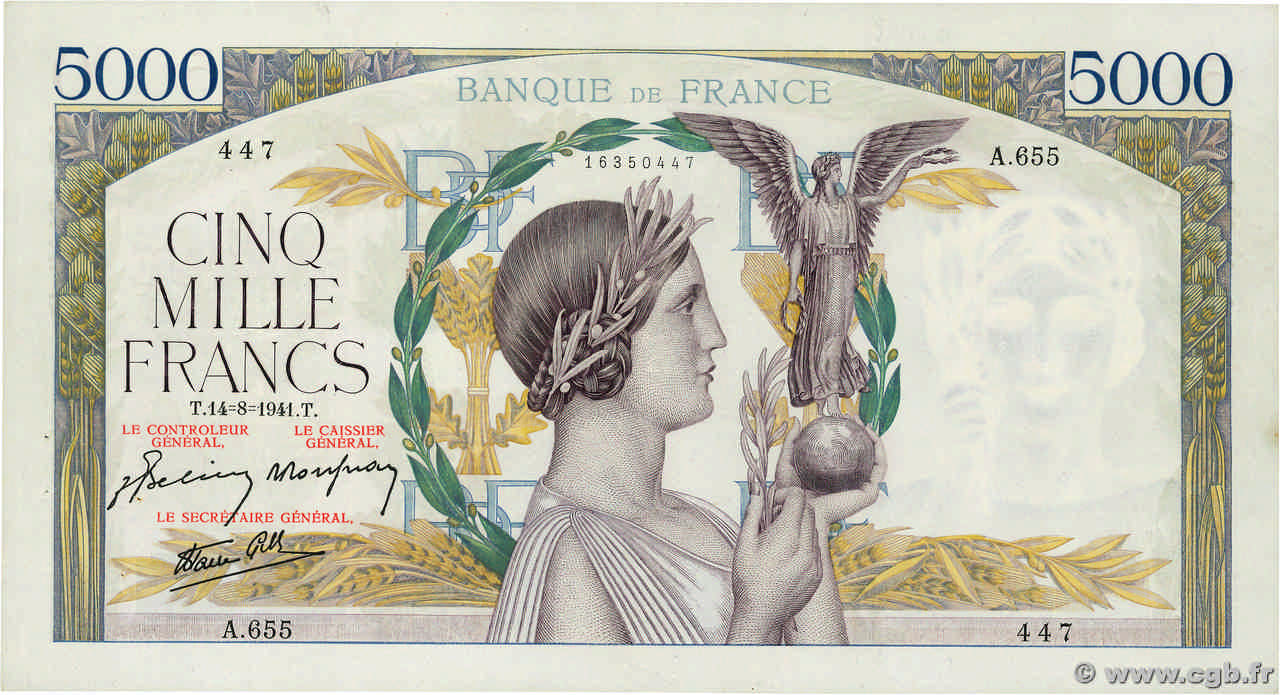 5000 Francs VICTOIRE Impression à plat FRANKREICH  1941 F.46.25 fVZ