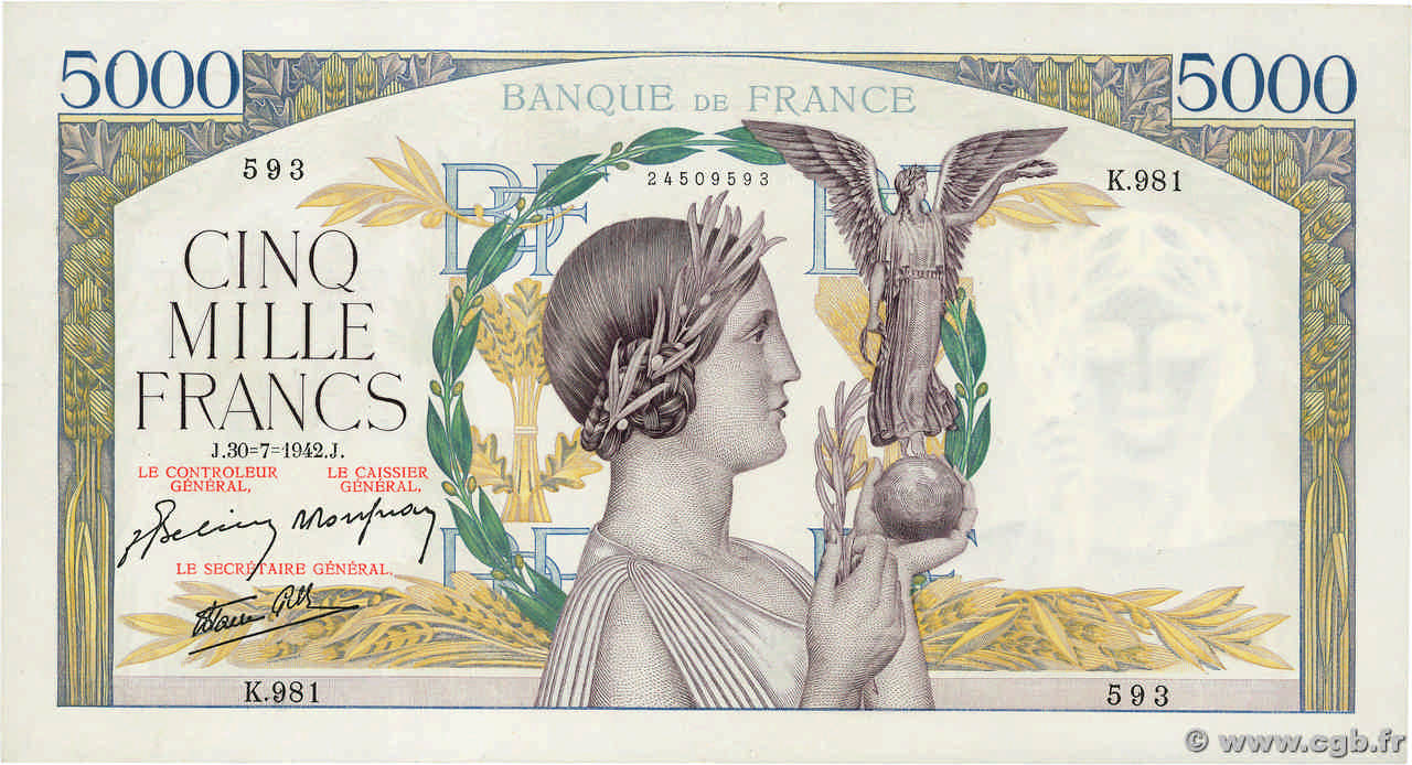 5000 Francs VICTOIRE Impression à plat FRANCIA  1942 F.46.39 q.AU