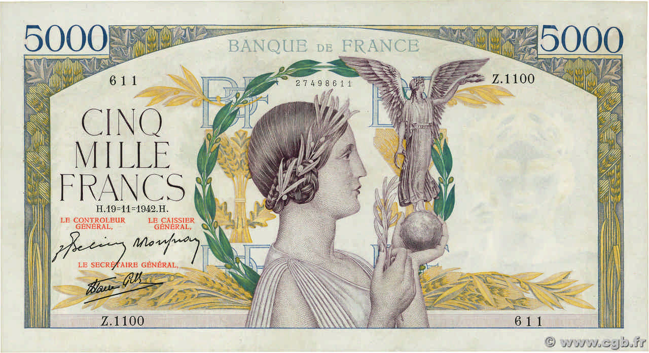 5000 Francs VICTOIRE Impression à plat FRANCIA  1942 F.46.44 EBC+