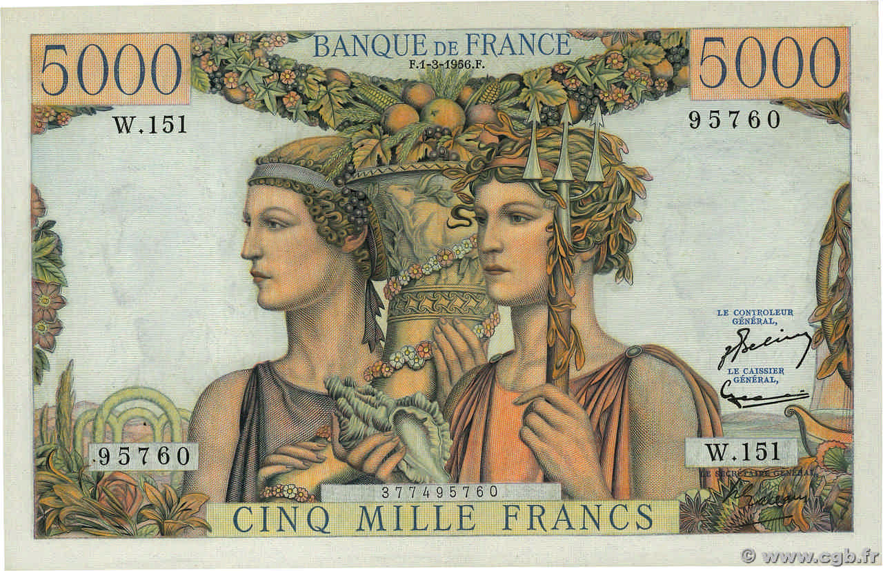 5000 Francs TERRE ET MER FRANCE  1956 F.48.11 pr.SPL