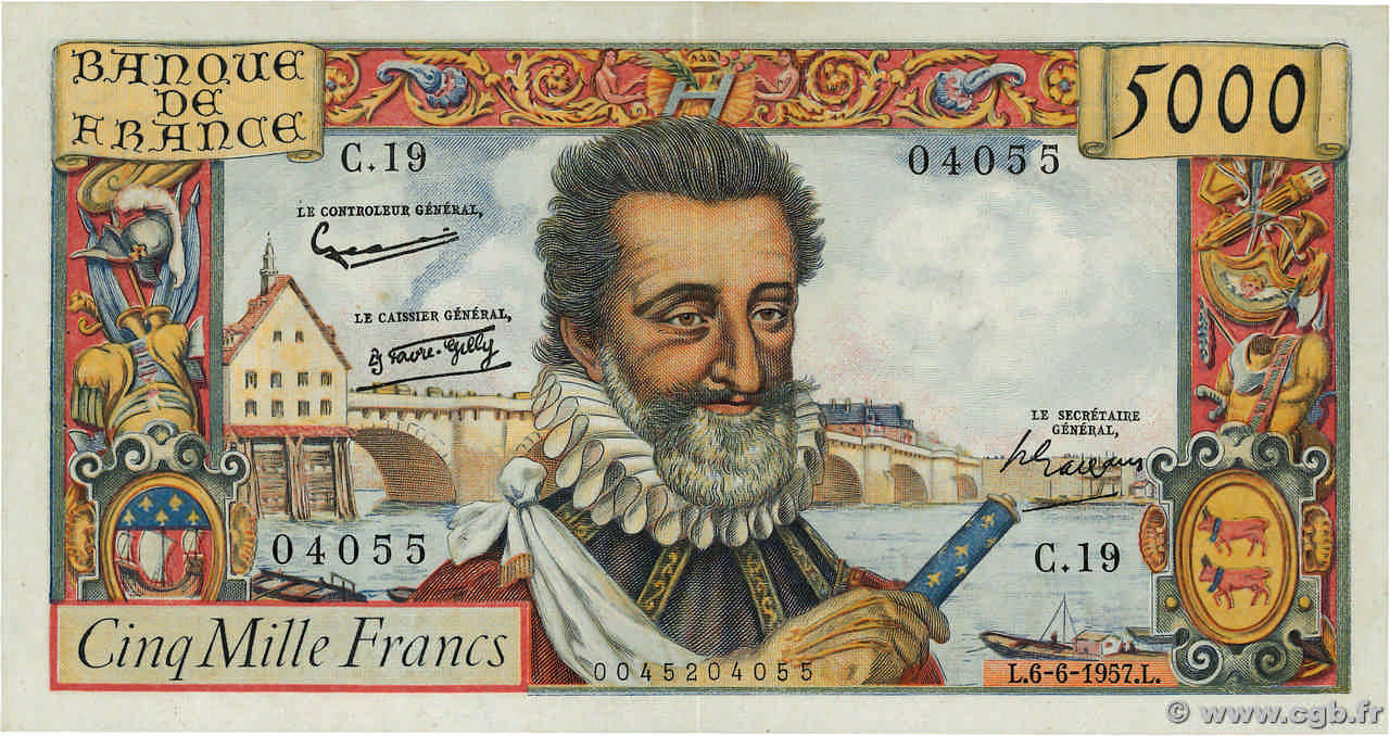 5000 Francs HENRI IV FRANCE  1957 F.49.02 SUP