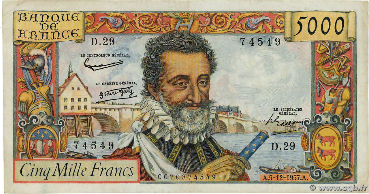 5000 Francs HENRI IV FRANCE  1957 F.49.04 VF