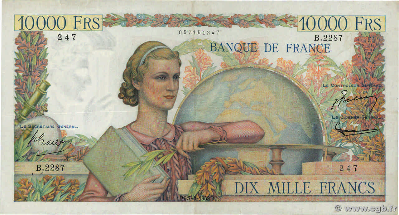 10000 Francs GÉNIE FRANÇAIS FRANCIA  1952 F.50.56 MBC