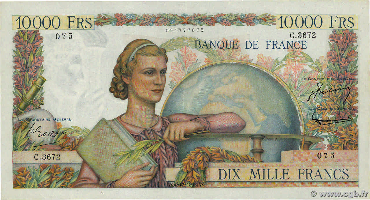 10000 Francs GÉNIE FRANÇAIS FRANCIA  1952 F.50.62 MBC+