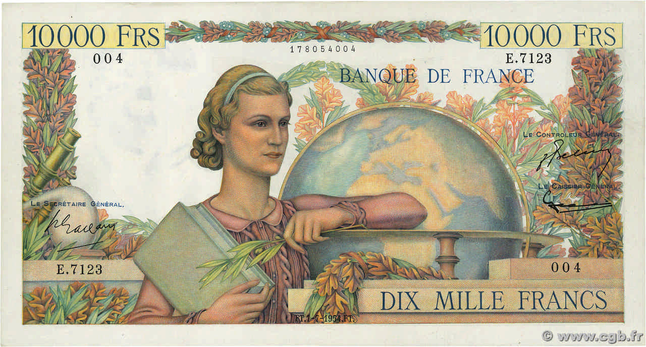 10000 Francs GÉNIE FRANÇAIS FRANCE  1954 F.50.71 XF