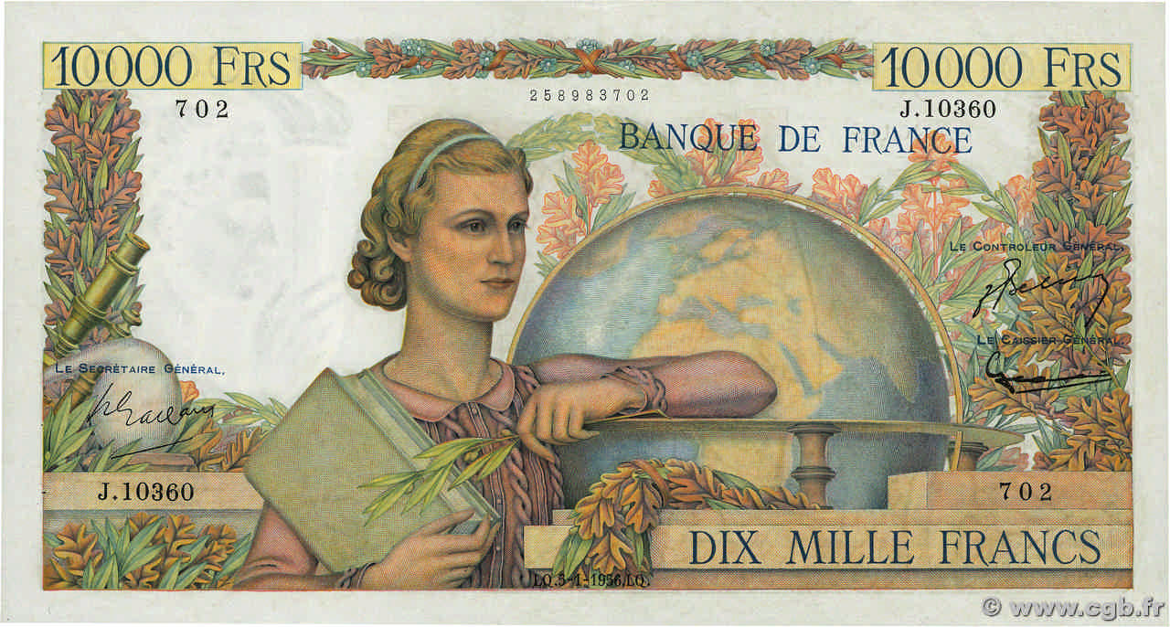 10000 Francs GÉNIE FRANÇAIS FRANCIA  1956 F.50.78 SPL