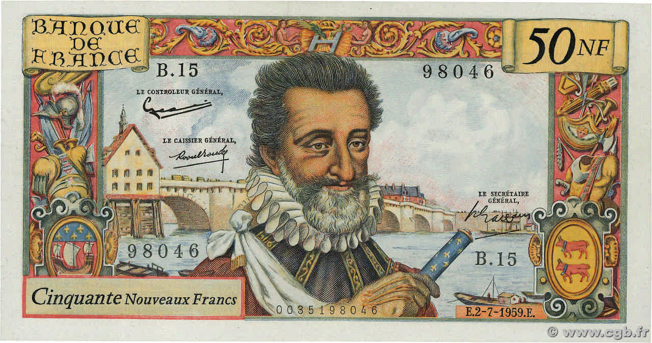 50 Nouveaux Francs HENRI IV FRANCE  1959 F.58.02 XF-