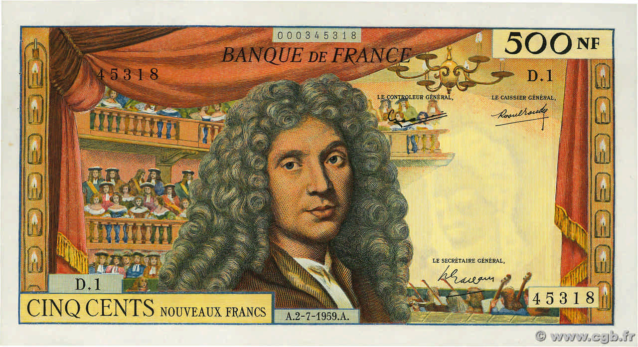 500 Nouveaux Francs MOLIÈRE FRANCE  1959 F.60.01 AU-