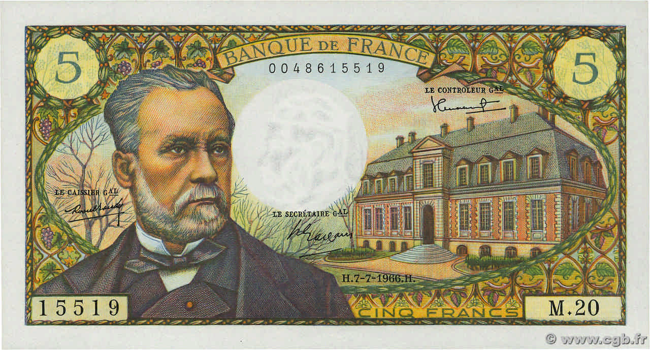 5 Francs PASTEUR FRANCE  1966 F.61.02 UNC-