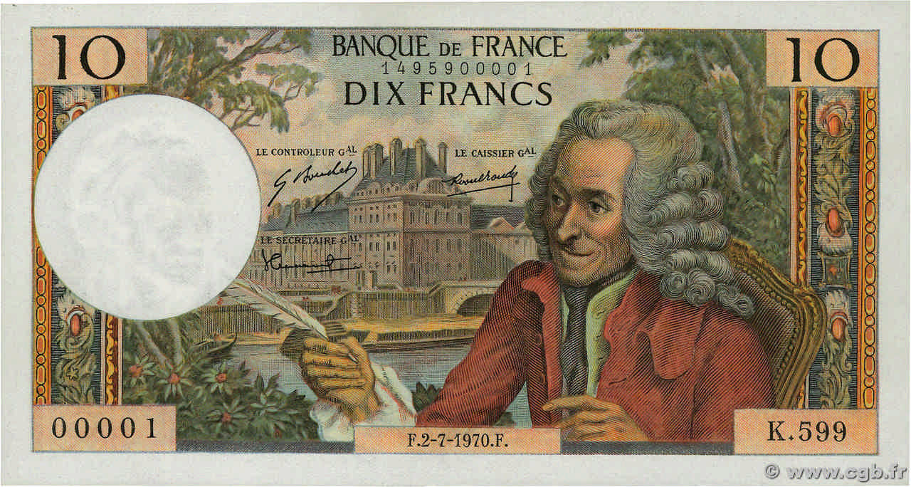 10 Francs VOLTAIRE Numéro spécial FRANCE  1970 F.62.45 UNC-