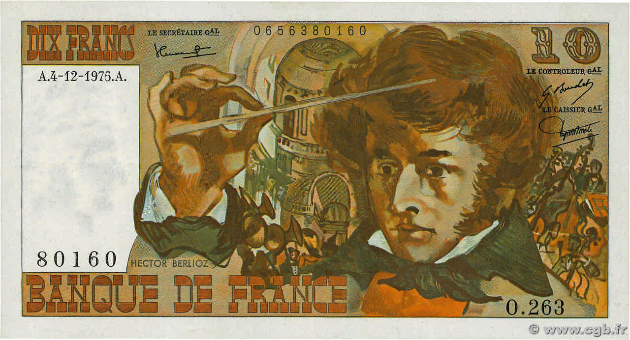10 Francs BERLIOZ FRANCIA  1975 F.63.15 EBC