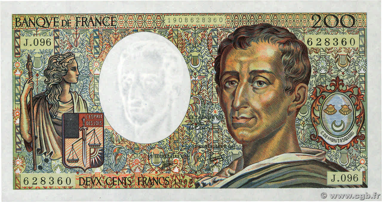 200 Francs MONTESQUIEU FRANCIA  1990 F.70.10b FDC