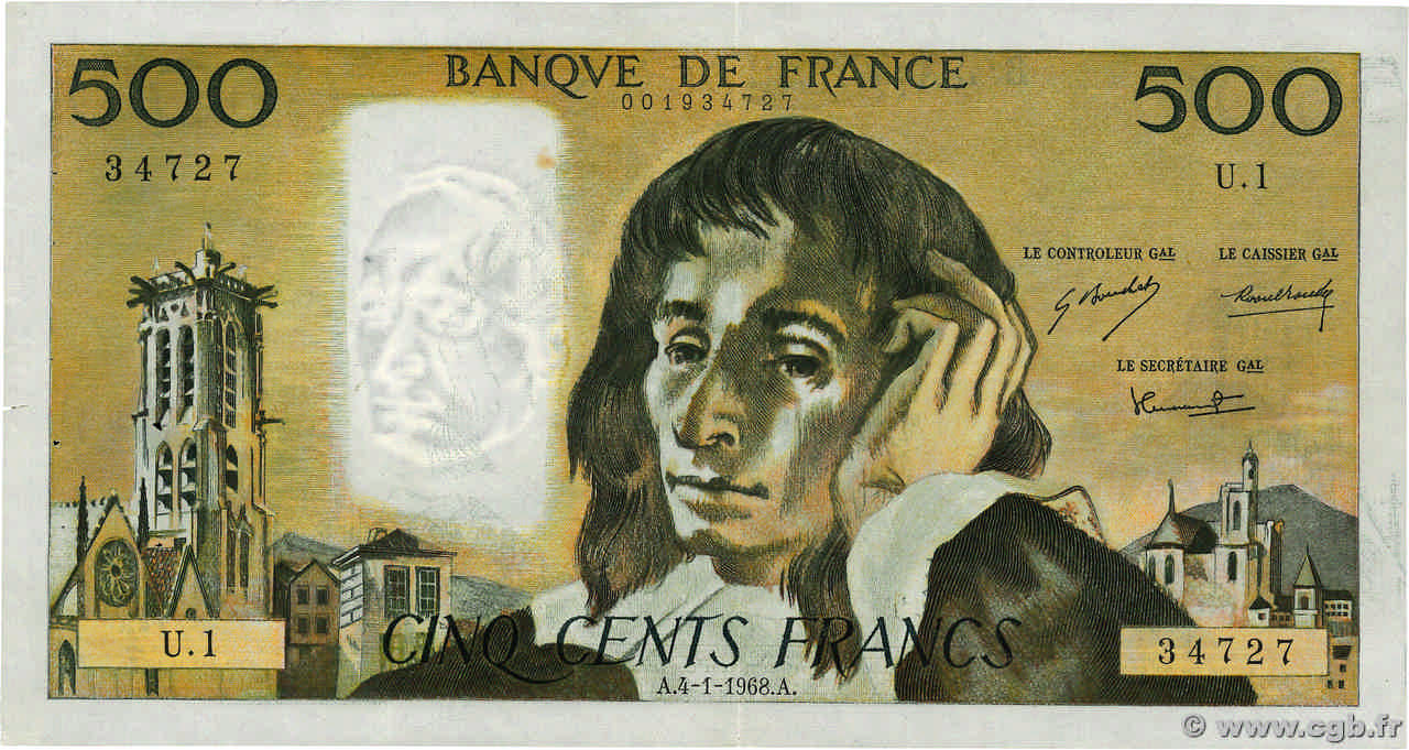 500 Francs PASCAL Fauté FRANCIA  1968 F.71.01 MBC