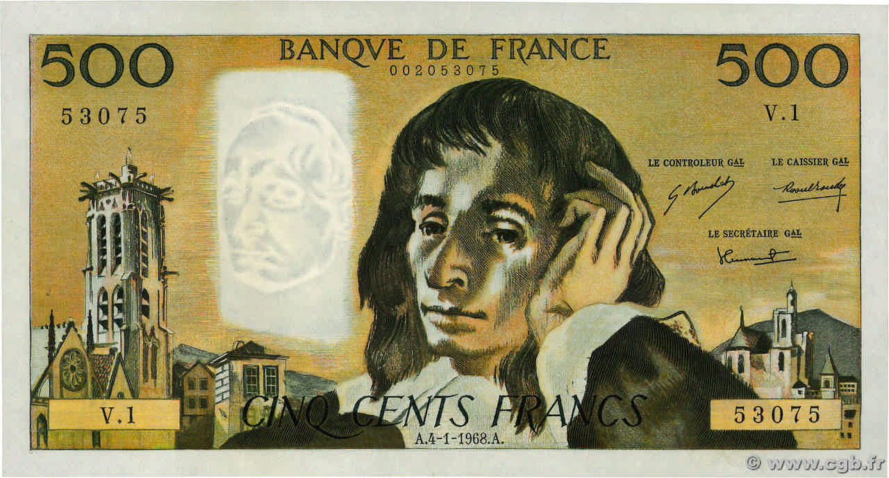 500 Francs PASCAL FRANCE  1968 F.71.01 SUP+