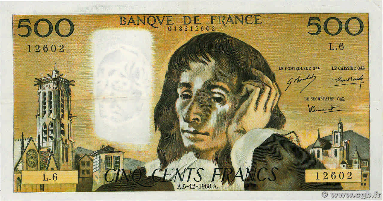 500 Francs PASCAL FRANCE  1968 F.71.02 XF-