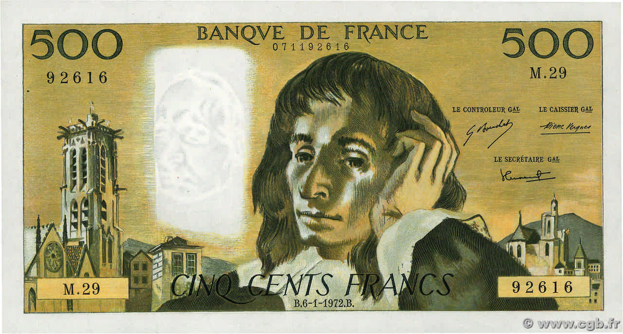 500 Francs PASCAL FRANCE  1972 F.71.08 XF+