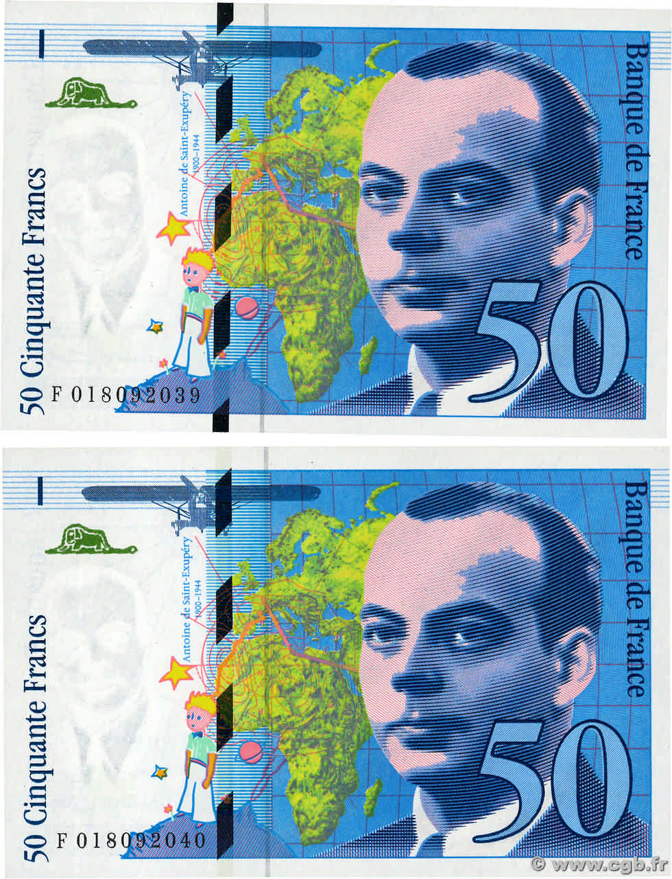50 Francs SAINT-EXUPÉRY modifié Consécutifs FRANCIA  1994 F.73.01b FDC