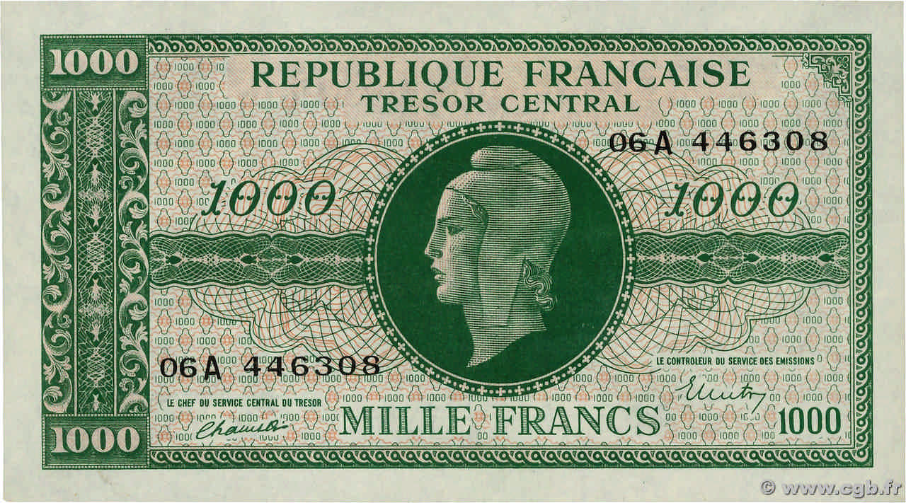 1000 Francs MARIANNE BANQUE D ANGLETERRE FRANCIA  1945 VF.12.01 FDC