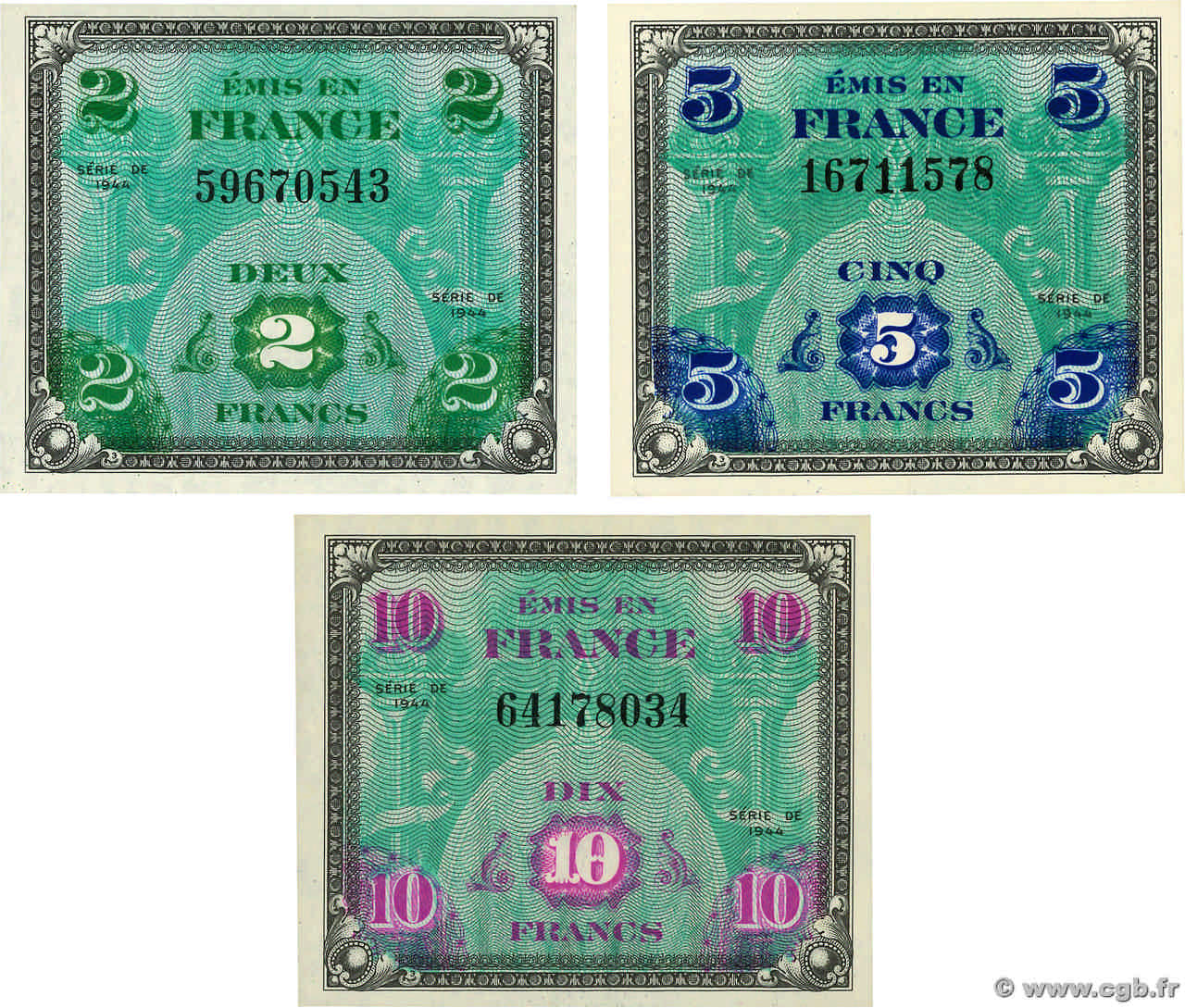 2 à 10 Francs DRAPEAU Lot FRANCE  1944 VF.16/17/18.01 UNC