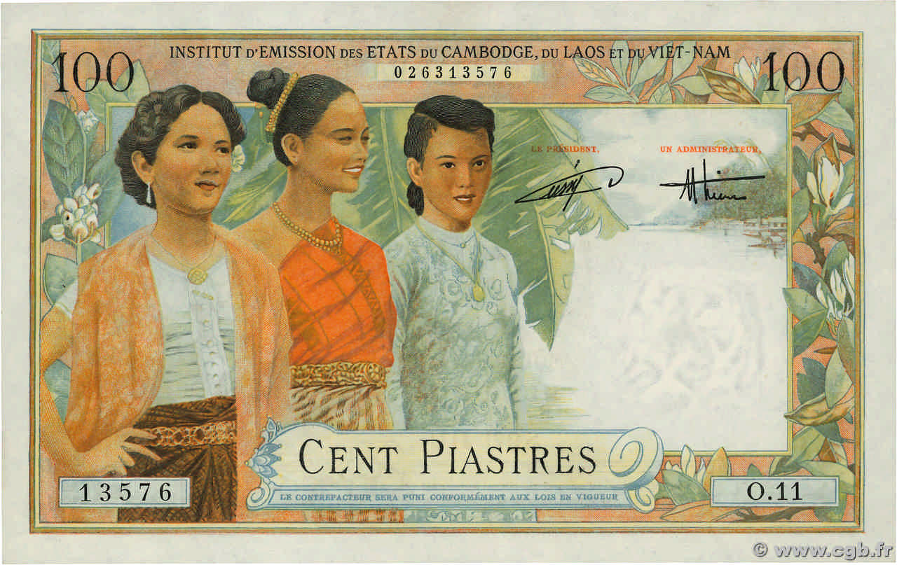 100 Piastres - 100 Dong FRANZÖSISCHE-INDOCHINA  1954 P.108 fST