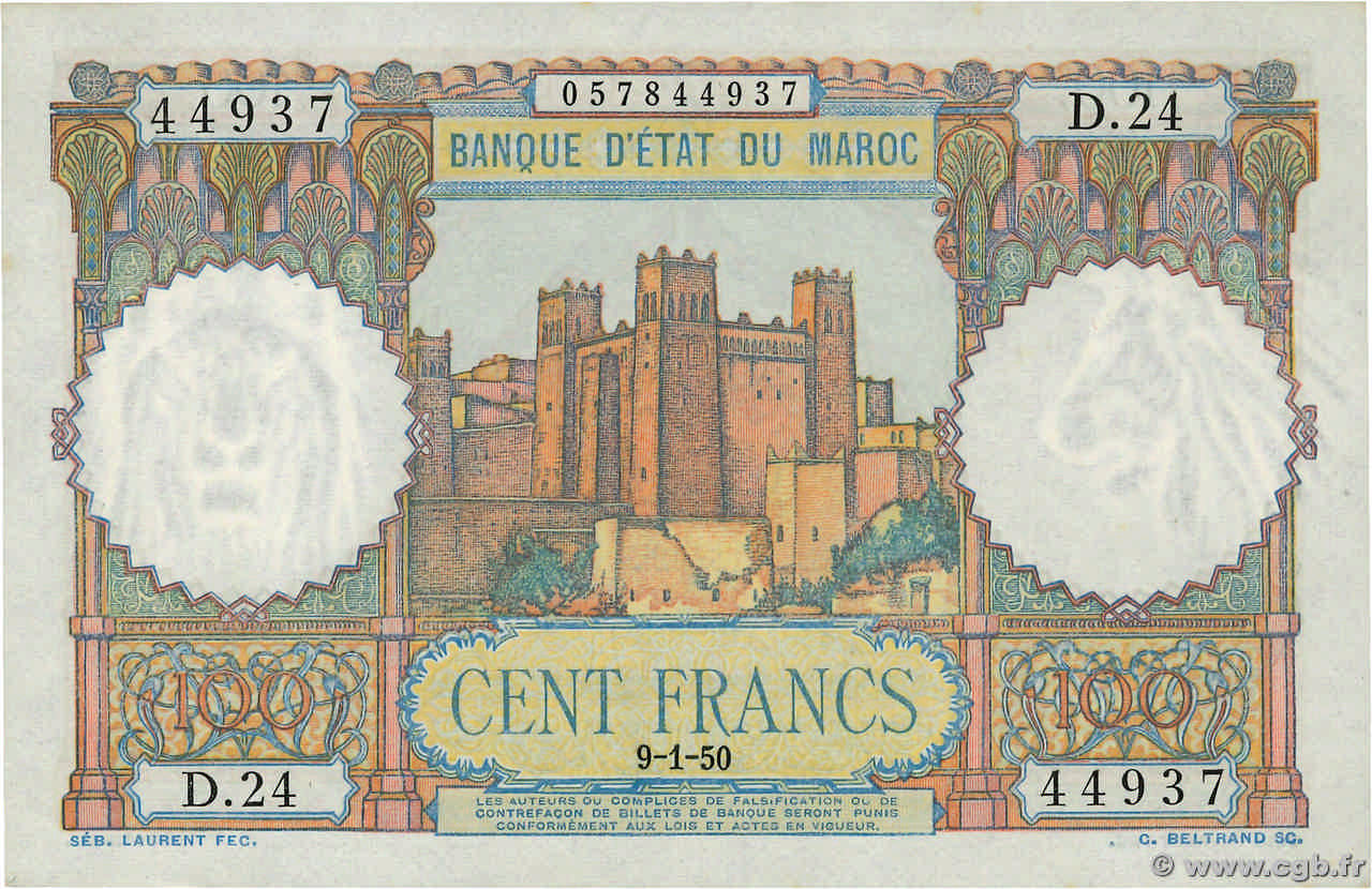 100 Francs MARUECOS  1950 P.45 SC
